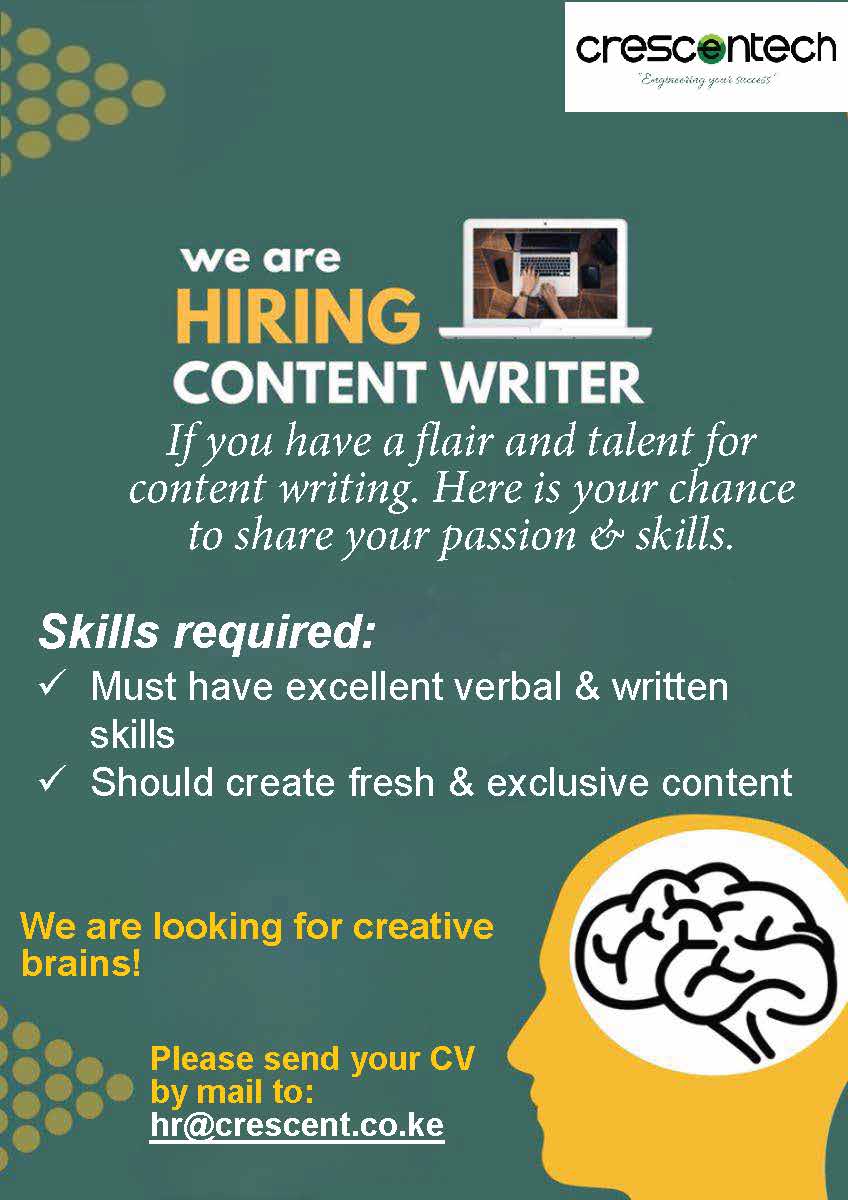CrescentechLtd's tweet photo. We are hiring! An excellent opportunity for career advancement. #crescentech is seeking candidates for Content Writer.
#wearehiring #wearehiringnow #hiring #hiringnow #jobopportunities #contentwriterjobs #contentwriter #contentwritingjobs #contentwriterhiring https://t.co/oMMX93eDnV