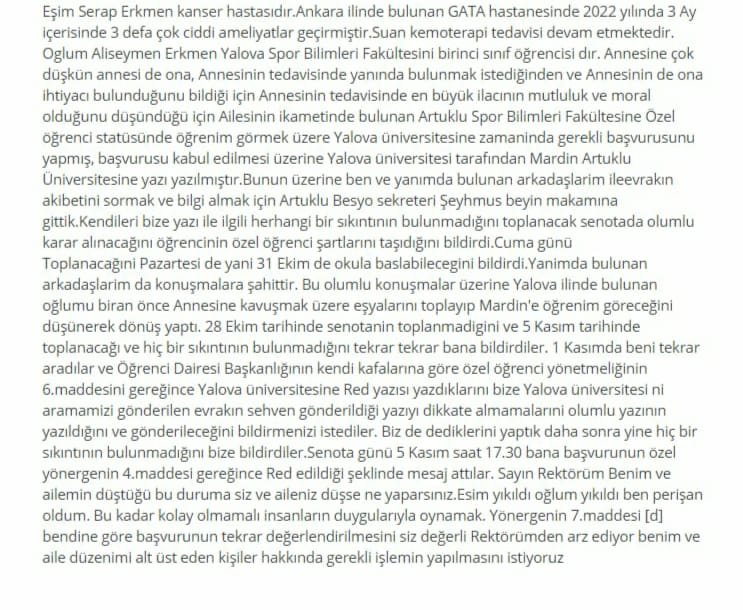Hüseyin Erkmen (@hseyinerkmen17) on Twitter photo Aşağıdaki yazdığım sorunlarımın giderilmesini yetkili mercilerden talep ediyorum. Eşim kanser tedavisi görüyor moral motivasyon olarak oğlunun yanında olması çokmu görülüyor.
<a href="/tcbestepe/">T.C. Cumhurbaşkanlığı</a> <a href="/iletisim/">T.C. İletişim Başkanlığı</a> <a href="/mardinartuklu/">Mardin Artuklu Üniversitesi</a> <a href="/ibrahimozcosar/">ibrahim özcoşar</a> <a href="/YuksekogretimK/">Yükseköğretim Kurulu</a> <a href="/erolozvar/">Erol Özvar</a> <a href="/tcmeb/">Millî Eğitim Bakanlığı</a> <a href="/universityalova/">Yalova Üniversitesi</a> Aşağıdaki yazdığım sorunlarımın giderilmesini yetkili mercilerden talep ediyorum. Eşim kanser tedavisi görüyor moral motivasyon olarak oğlunun yanında olması çokmu görülüyor.
<a href="/tcbestepe/">T.C. Cumhurbaşkanlığı</a> <a href="/iletisim/">T.C. İletişim Başkanlığı</a> <a href="/mardinartuklu/">Mardin Artuklu Üniversitesi</a> <a href="/ibrahimozcosar/">ibrahim özcoşar</a> <a href="/YuksekogretimK/">Yükseköğretim Kurulu</a> <a href="/erolozvar/">Erol Özvar</a> <a href="/tcmeb/">Millî Eğitim Bakanlığı</a> <a href="/universityalova/">Yalova Üniversitesi</a>