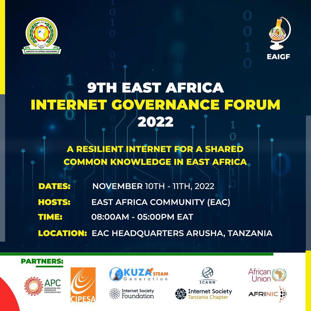 The East African Internet Governance Forum 2022 is being held at the East African Community headquarters, Arusha in a hybrid format under the theme; "A Resilient Internet for Shared Common Knowledge in East Africa" <a href="/AFRINIC/">AFRINIC-The Regional Internet Registry for Africa</a>  
Date:10 - 11th November 2022
intgovforum.zoom.us/meeting/regist…