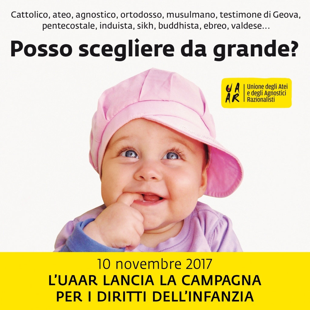 UAAR_it's tweet photo. Con la campagna “Posso scegliere da grande?”, lanciata il 10 novembre 2017, l’Uaar vuole porre l’accento sui #diritti delle bambine e dei bambini. Si collega idealmente alla Giornata mondiale dei diritti dell’#infanzia (20 novembre). 👇
https://t.co/W724sr1zCN https://t.co/eL9HxbyyhF