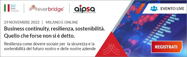 Business Continuity, resilienza, sostenibilità. Quello che forse non si è detto

#AIPSA e #BCI Italia organizzano un tavolo tematico per portare all’attenzione del mondo imprenditoriale, ma non solo, i temi di resilienza e di #BusinessContinuity. 
 
lnkd.in/dqHBvZfJ