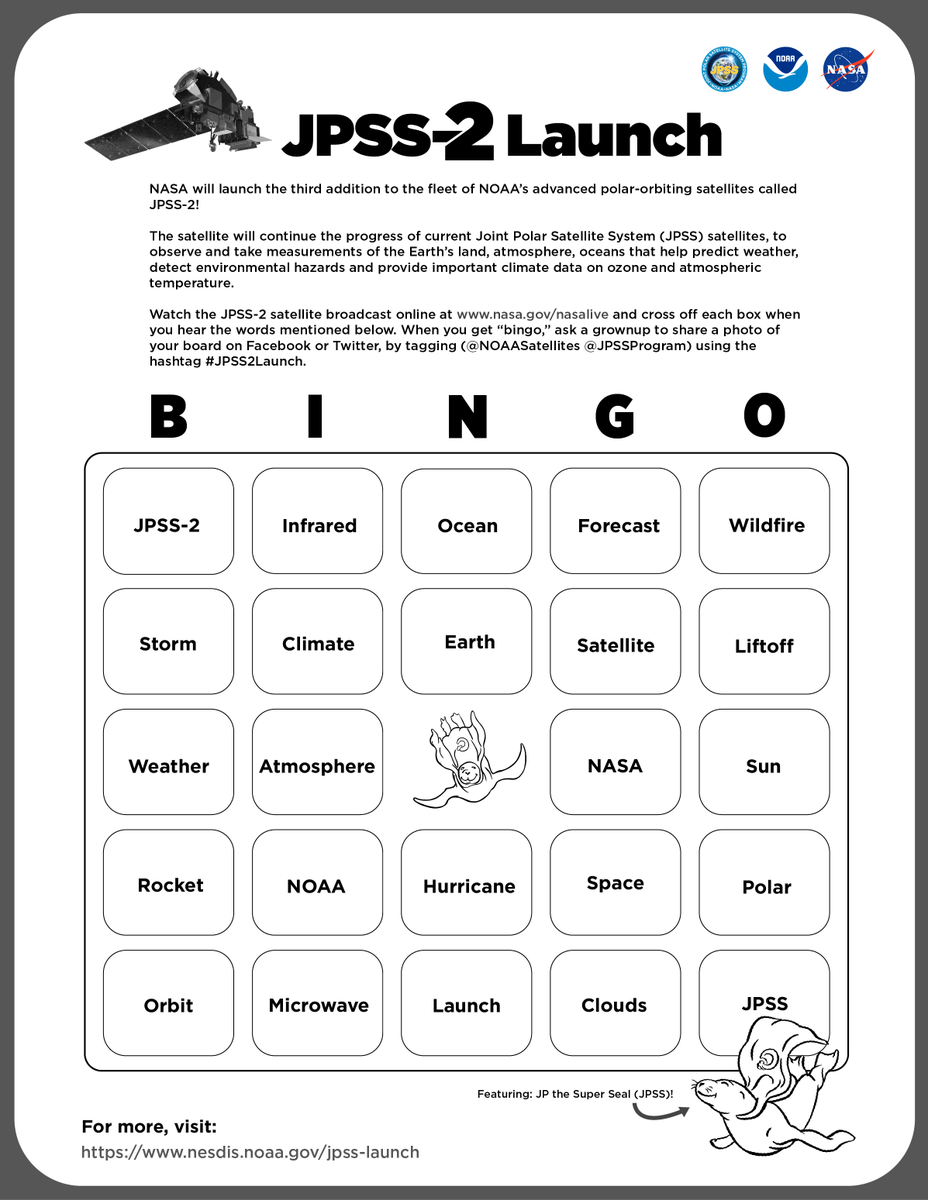 JPSSProgram's tweet photo. The @NASA Live TV broadcast for the #JPSS2Launch will start at 3:45 am EST (12:45 am PST). 🚀
During the broadcast, play #JPSS2 launch BINGO! Take a photo of your board when you get a bingo and tag @NOAASatellites @JPSSProgram!
To print a card, visit: https://t.co/xgJKci4Ynh https://t.co/Z1RseJTrpc