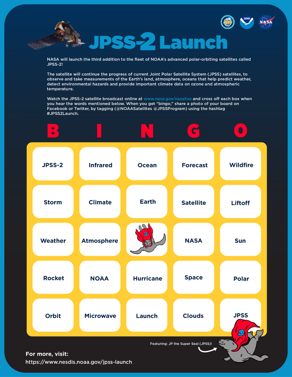 JPSSProgram's tweet photo. The @NASA Live TV broadcast for the #JPSS2Launch will start at 3:45 am EST (12:45 am PST). 🚀
During the broadcast, play #JPSS2 launch BINGO! Take a photo of your board when you get a bingo and tag @NOAASatellites @JPSSProgram!
To print a card, visit: https://t.co/xgJKci4Ynh https://t.co/Z1RseJTrpc