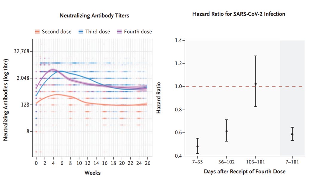 Wichtige Daten zur 4. Impfung (mRNA, monovalent) aus einer großen Beobachtungsstudie in Krankenhauspersonal (n=11.176) <a href="/sheba_medical/">Sheba Medical Center</a>
Verbesserte Serumneutralisation &amp; Schutz vor Infektion lassen (erwartbar) 3 Monate nach 4. Impfung wieder deutlich nach. 
nejm.org/doi/full/10.10…