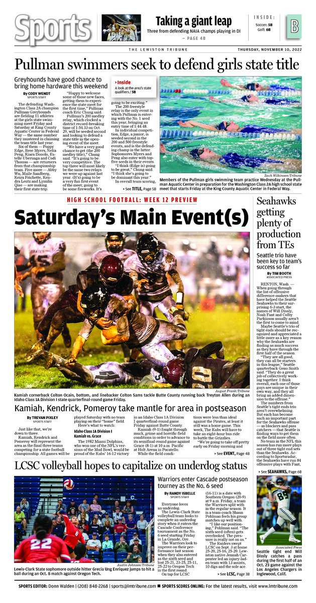 LewTrib_Sports's tweet photo. .@Kendrick8ManFo1, Kamiah and Pomeroy prep for @IDHSAA and @wiaawa state🏈tourney action, @PullmanHS 🏊‍♀️look to defend Class 2A state title, @lc_state 🏐heads to @CCCSports tourney in underdog role; @Seahawks have 3-headed monster at TE. @APSE_sportmedia @waldo9939 https://t.co/h3f8v7Gwag