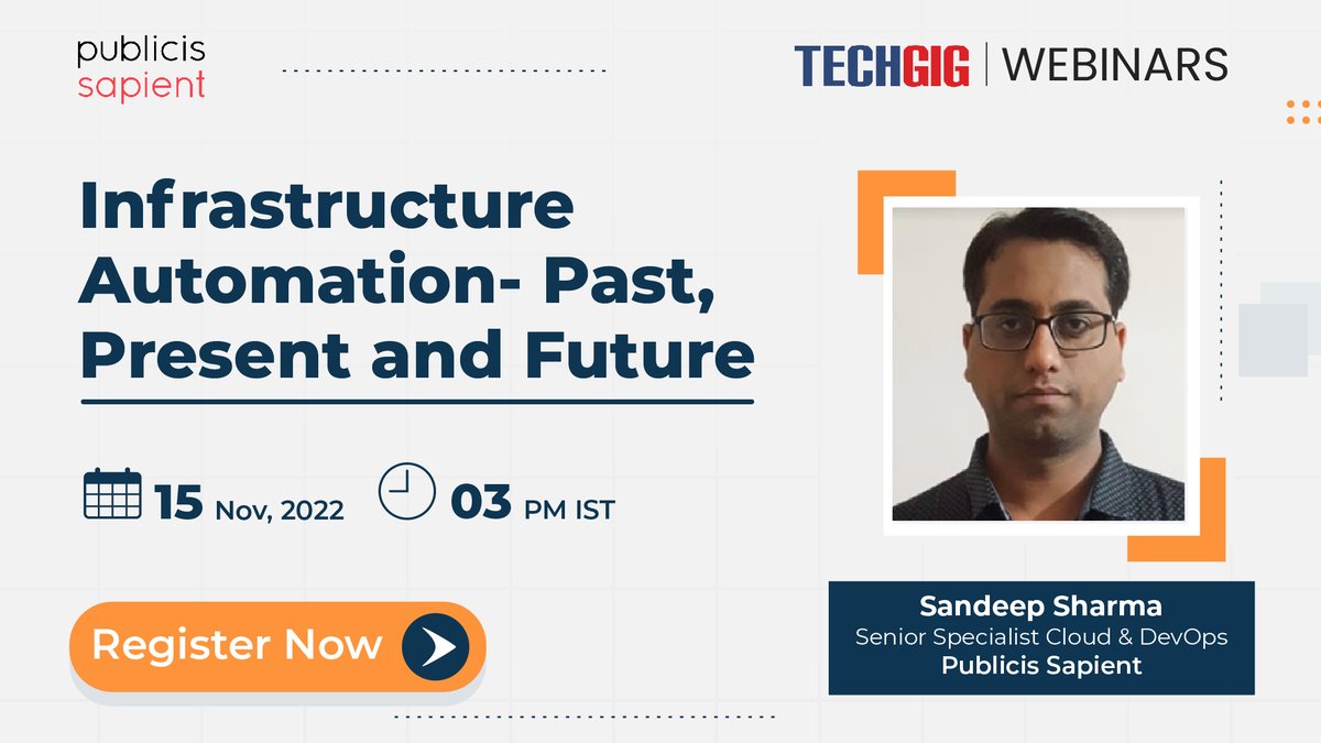 techgigdotcom's tweet image. Join us for a #webinar where our speaker will walk Sandeep Sharma, Senior Specialist Cloud &amp;amp; DevOps, Publicis Sapient will walk you through the #InfrastructureAutomation transformation journey, and the toolchain involved to carry out the transformation➡️ bit.ly/3FZaDyN.