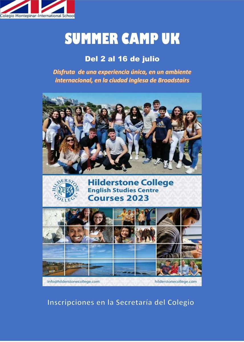 ¡Nos vamos a Inglaterra! ✈️✈️
Este verano participaremos en un curso de inmersión lingüística en inglés 🇬🇧🇬🇧,  Hilderstone College🏫, uno de los colegios más prestigiosos, ubicado en la ciudad costera de Broadstairs🏖️.  Apúntate en Secretaría.
#summercamp2023 #viajesareinounido