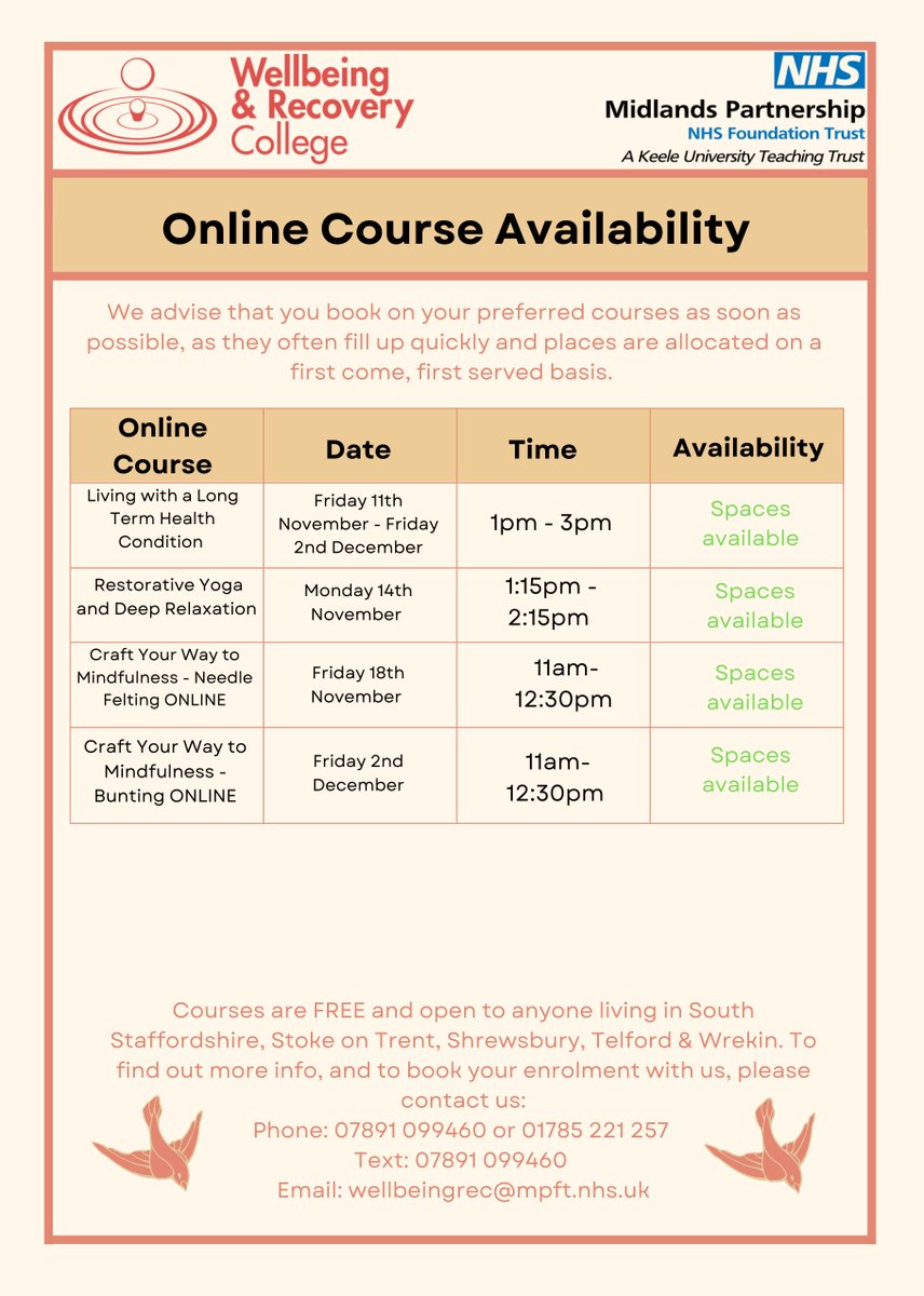 Wellbeing & Recovery College MPFT (@reccollegempft) on Twitter photo Hi everyone! Please see a few of our upcoming in person and online courses!
If you are thinking of enrolling or would like more information then please get in touch;
Email: wellbeingrec@mpft.nhs.uk
Call: 01785221257
Text: 07891099460
Or just drop us a DM Hi everyone! Please see a few of our upcoming in person and online courses!
If you are thinking of enrolling or would like more information then please get in touch;
Email: wellbeingrec@mpft.nhs.uk
Call: 01785221257
Text: 07891099460
Or just drop us a DM