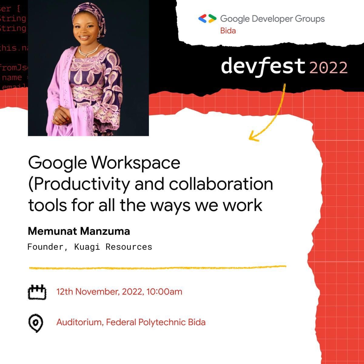 Memunat is the founder and CEO @kuagiresources, she is an experienced Google Workspace user and @wtmminna lead organiser. 

Her talk is centred on Google Workspace. If you are passionate and curious about how it works and how to get started, don’t miss out.