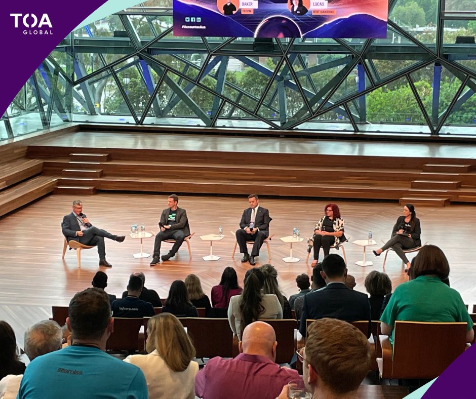 TOAGlobal's tweet photo. ๐ TOA Global at #BalancingtheBooks in Melbourne, presented by @accountex Australia
Sharing some photos of @nickqsinclair, TOA Global Founder, and Genevieve Dion, at The Edge - Fed Square. We're happy to celebrate #InternationalAccountingDay with inspiring industry leaders. https://t.co/CslYYn4cfw