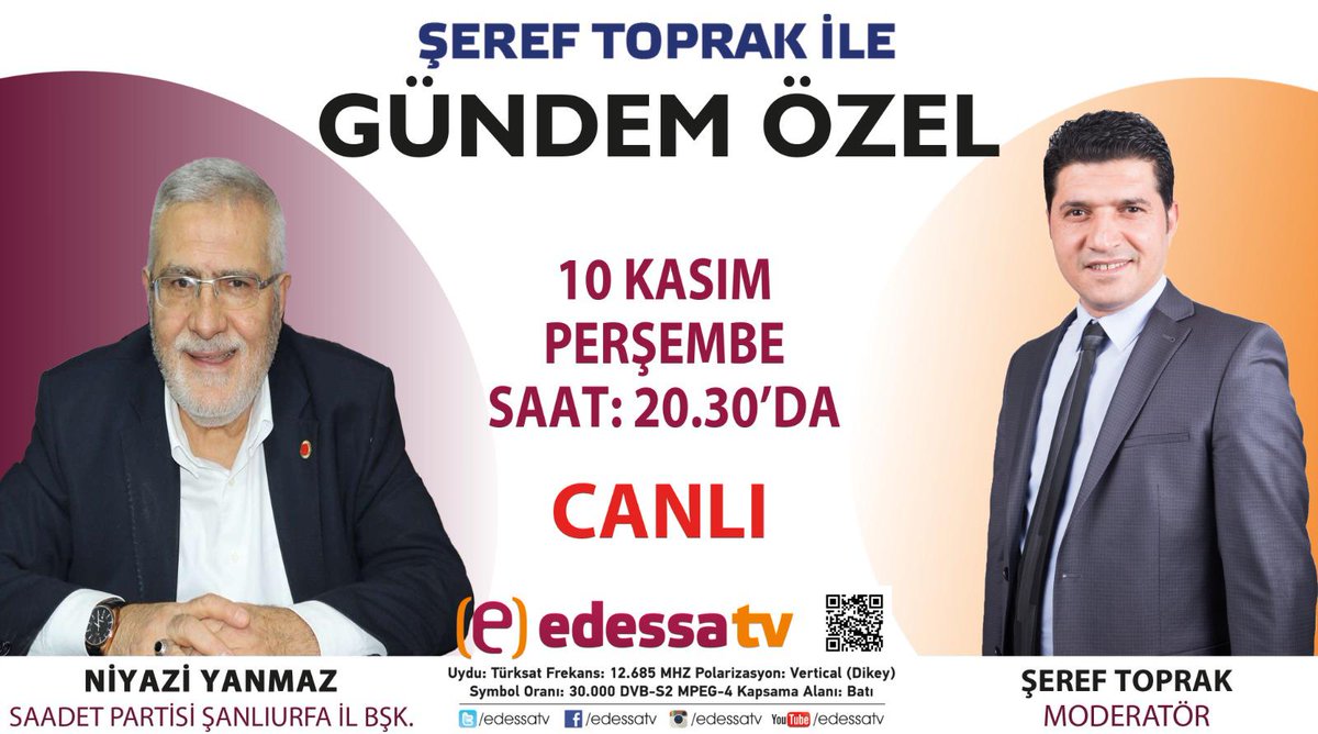 İl Başkanımız Mustafa Niyazi Yanmaz <a href="/edessatv/">Edessa TV</a>'de Şeref Toprak'ın canlı yayın konuğu olacak.
🗓️ 10 Kasım 2022
🕒 20:30