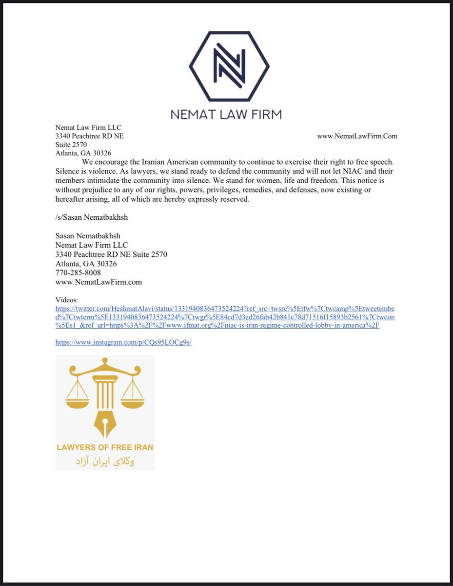 SanaELedene's tweet photo. Official letter to @NIACouncil in collaboration with @lawoffreeiran and Nemat Law Firm @SasanATL. We demands:
1. Transparency about your activities in furtherance of JCPOA 
2. Cease and desist of harassment &amp; defamation of Iranian activists excersing their 1th Amendment rights./ https://t.co/Dlm69RnIlJ