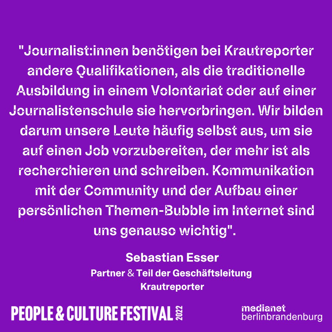 PEOPLE &amp; CULTURE FESTIVAL Panel “Quo vadis, #Medienwelt? Wie alte und neue #Medienunternehmen dem Fachkräftemangel begegnen” mit 
Tom Kölm @Fritz_offiziell 
<a href="/sebastianesser/">Sebastian Esser</a> <a href="/krautreporter/">Die Krautreporter</a> und...

#PCF22 #KinoColosseumBerlin #Journalismus