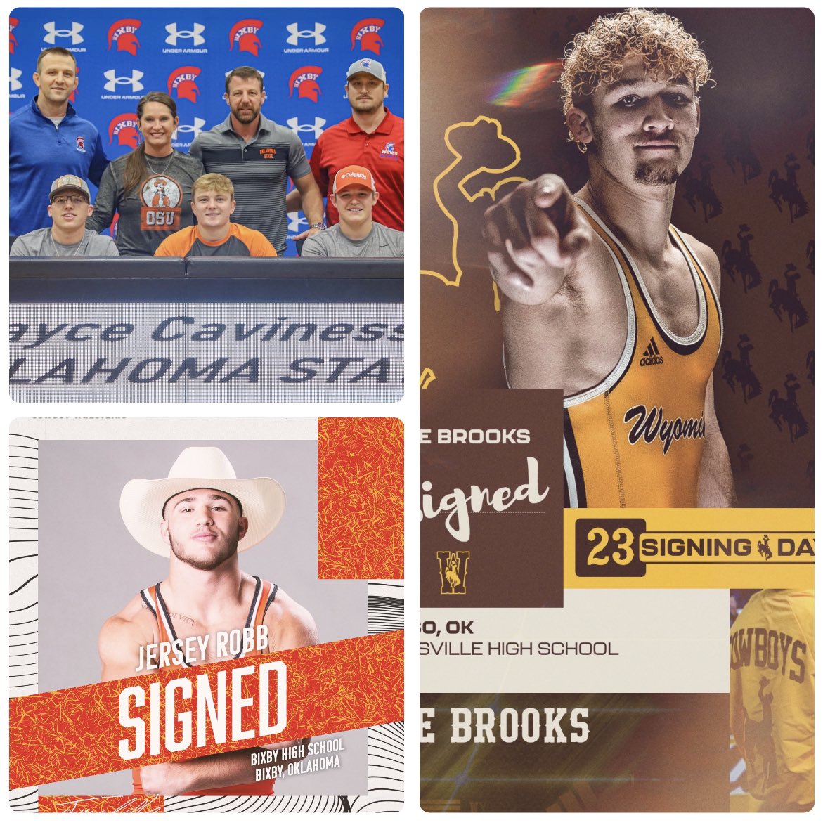 Congrats to our Cowboys! Fall Signing Period Class of ‘23. <a href="/RobbJersey/">Jersey Danger Robb</a> and Jayce Caviness to <a href="/CowboyWrestling/">OSU Cowboy Wrestling</a> &amp; Cole Brooks to <a href="/WyoWrestle/">Wyoming Cowboy Wrestling</a> . We are proud of you! •The 918• #TulsasFinest #StayGold