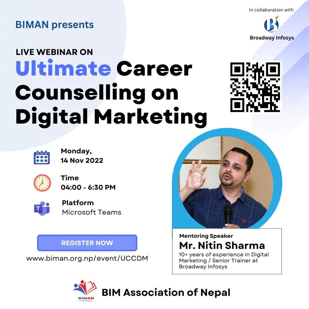 biman_org_np's tweet photo. We are presenting you the Ultimate Career Counselling Webinar on Digital Marketing from the 10+ years of experienced mentor.

Hurry up, and register yourself now, it's free.
Register Now : https://t.co/YwA5sXCSSl
Deadline : Nov 13, 4PM
#digitalmarketing #webinar #biman https://t.co/9qbVqBINsX