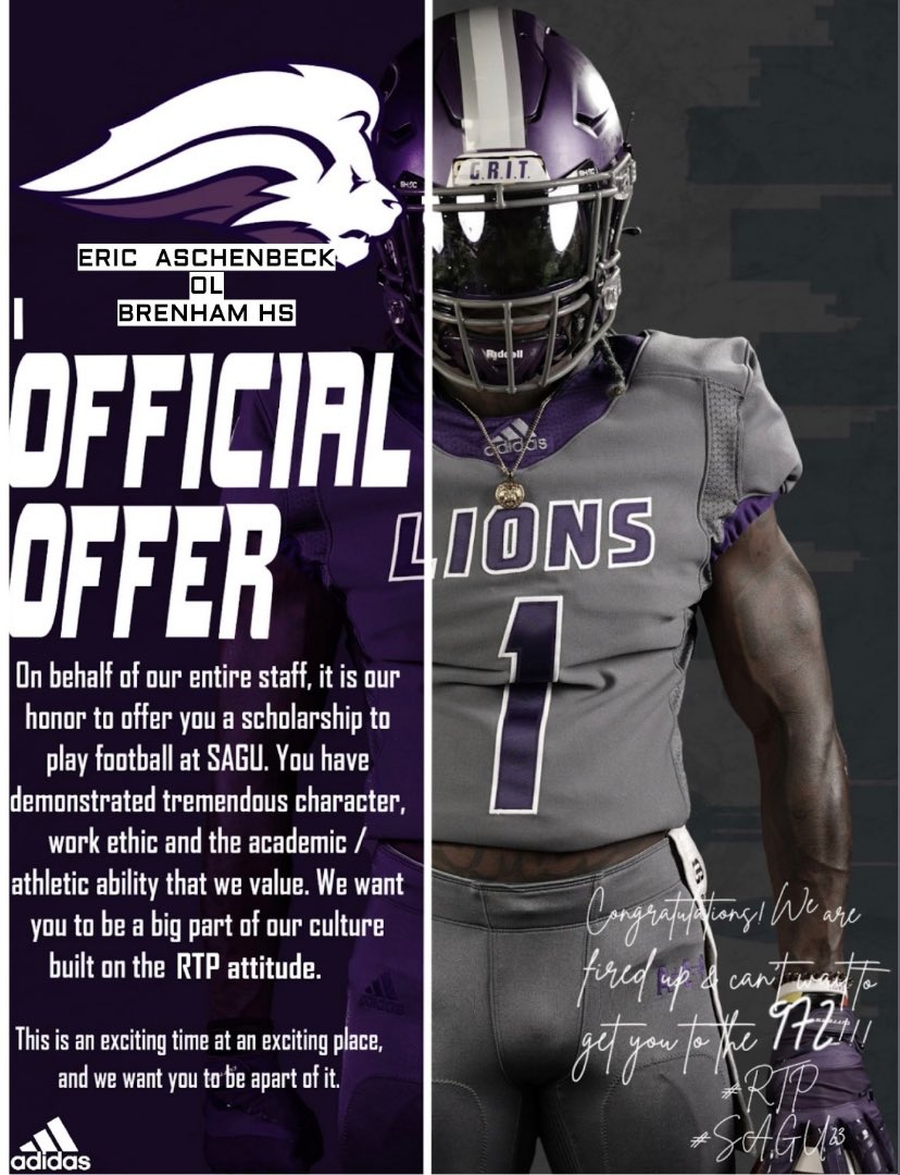 I’m blessed to have received an offer to continue my education and the opportunity to play football @SAGU_Football. Thanks to God, my parents and my coaches for supporting me. @CoachGregEllis @FUNdamentalz52 #RTP @CoachR_Jones @BrenhamFootball @CoachLopez64 @lbcoachyoungs