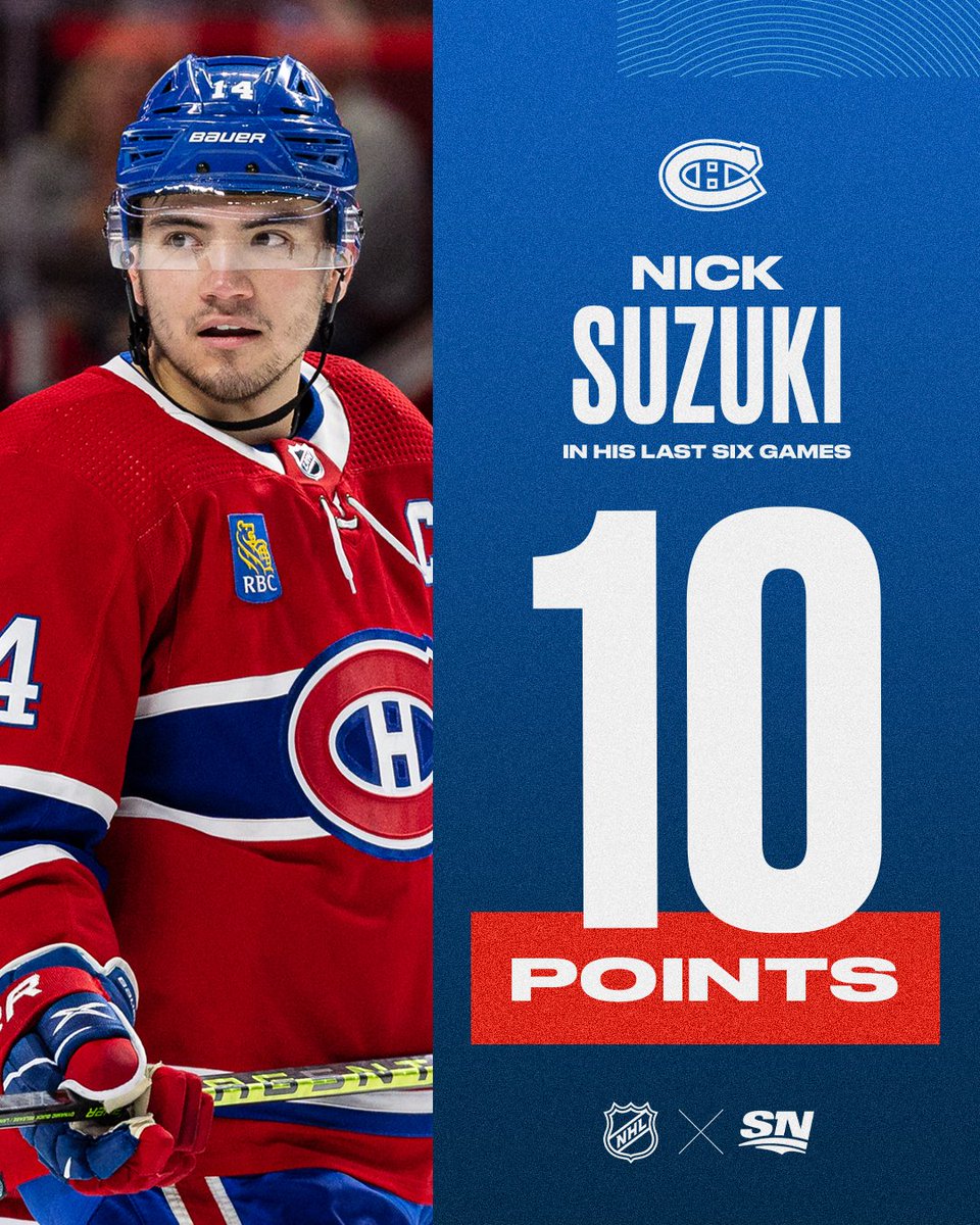 Sportsnet's tweet photo. 6 games
6 goals 
4 assists

Nick Suzuki, everyone. https://t.co/rQbqb4EcPO