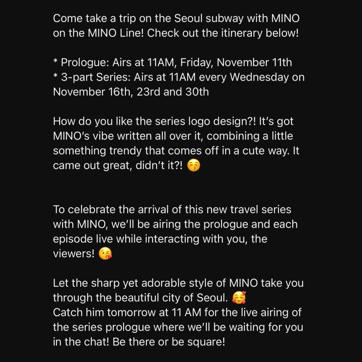 innercircleww's tweet photo. [YT] 221110 VisitSeoul TV YouTube Community Post

🚝 MINO Line Schedule
🔗 https://t.co/YY00kPcT5M

#MINO #송민호 @official_mino_ #WINNER #위너 @yg_winnercity @yginnercircle https://t.co/H8mUBvXin2