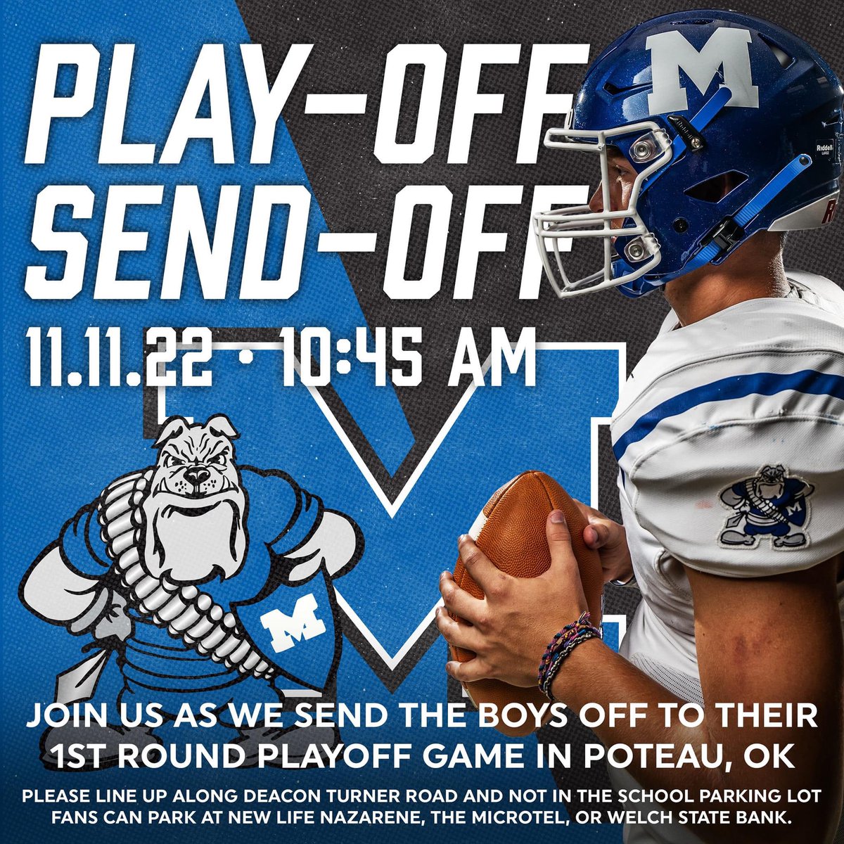 WardogsMHS's tweet photo. Join us this Friday, Nov. 11 to cheer on the team as they depart for Poteau. Lineup at 10:45 a.m. for the team’s 11 a.m. scheduled departure! Come be a part of the #WardogWay. 💙🏉💪 https://t.co/3N9CxhL0SQ