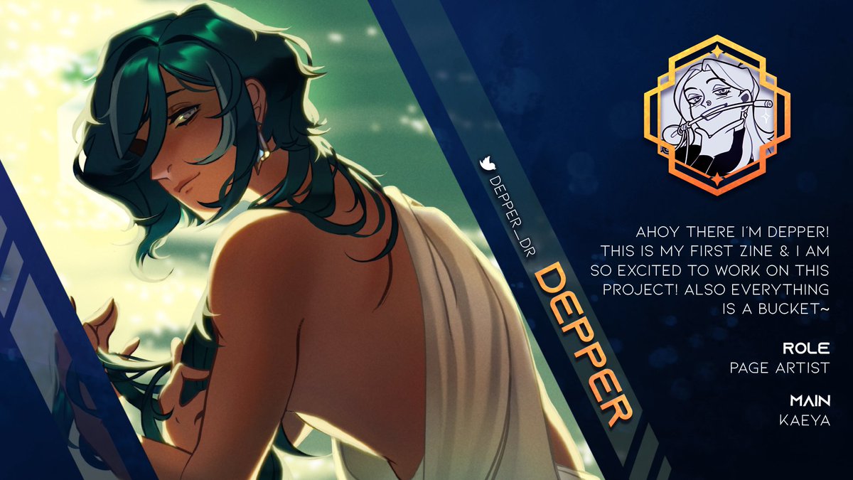 genshinesports's tweet photo. 🎮 PLAYER PROFILE - DEPPER 🎮

We're so excited to introduce our lovely page artist, Depper (@depper_dr)! Having her on board has been a blast, and we can't wait to see what gorgeous art Depper will create for the zine. Just look at this Kaeya! 💖 

#GenshinImpact #Kaeya https://t.co/lHDAwVtwYS