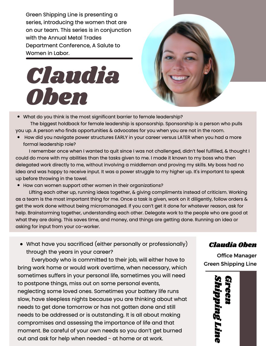 This is GSL’s next presentation in our Women in the Workforce series; Meet Claudia Oben!

#transport #GreenShippingLine #GSL #AmericanMaritimeHwy #GreenFleet #CreateJobs #LimitlessBenefits #AlleviateGridlock #ReducePollution  #Sustainability #ClaudiaOben  #MTD #ASalutetoWomen