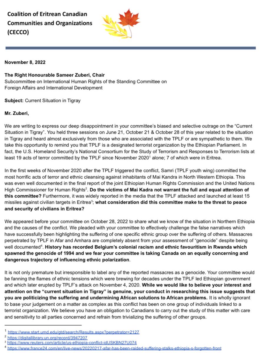 EritreaCanada's tweet photo. CECCO wrote 2 @SameerZuberi of Subcommittee on International Human Rights expressing deep disappointment in the selective and biased handling of research on conflict in Ethiopia. @ArnoldViersen @Alduceppe @ziad_aboultaif @AliEhsassi @HMcPhersonMP @MSidhuLiberal @anitavandenbeld https://t.co/TOcpUcggpx