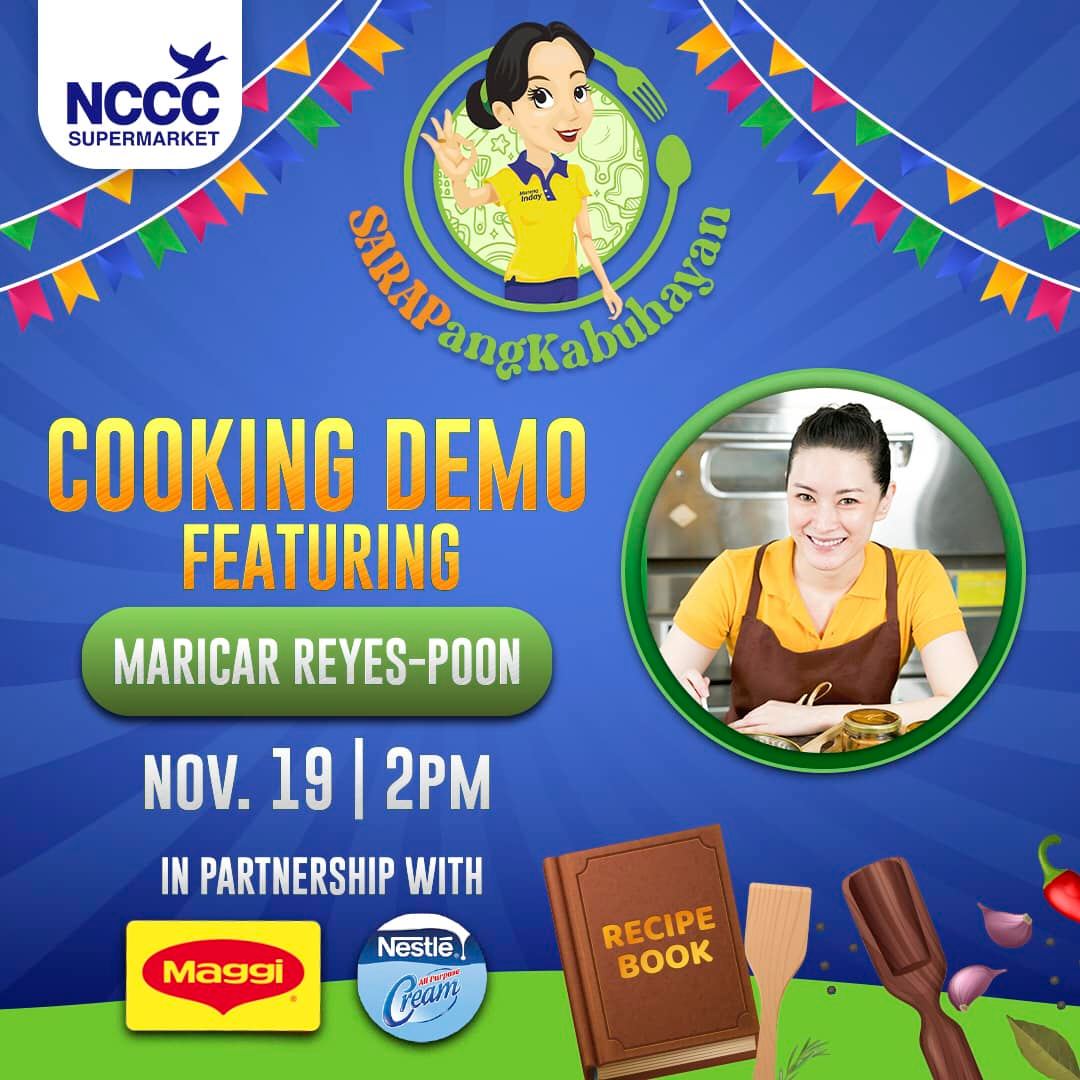 cornerstone_ofc's tweet photo. Dabawenyos! Halina't maki-saya at matuto sa cooking demo ni Maricar Reyes-Poon sa SARAPangkabuhayan event sa The Dome, NCCC Mall VP ng Nov 19, 2pm! 

#NCCCsarapangkabuhayan
#maricarreyes 
#maricarreyespoon https://t.co/UBjPGVFqIO