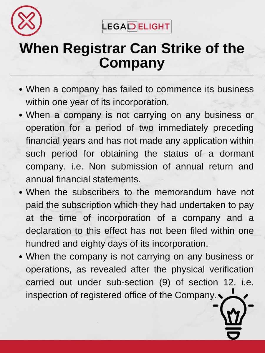 LegalDelight's tweet photo. Here is an infographic to showcase, when registrar can strike of the company. Click the link below, to know more about strike off of Companies by Registrar:
https://t.co/7X8szNRHjO
#strikeoff #MandatoryStrikeOff #closureofcompany #howtocloseacompany #section248 #LegalDelight https://t.co/Ma8MDd6fTk