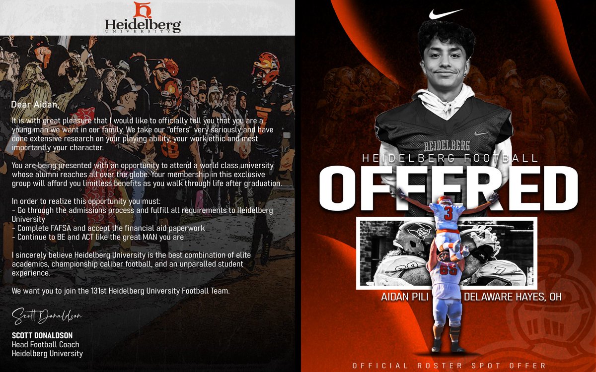 Happy to say I have received my second offer from <a href="/BergFootball/">Heidelberg Football</a>! Would like to thank <a href="/Coach_LTech/">Logan Techentin</a> and <a href="/Coach_Donaldson/">Scott Donaldson</a> for giving me a great opportunity!