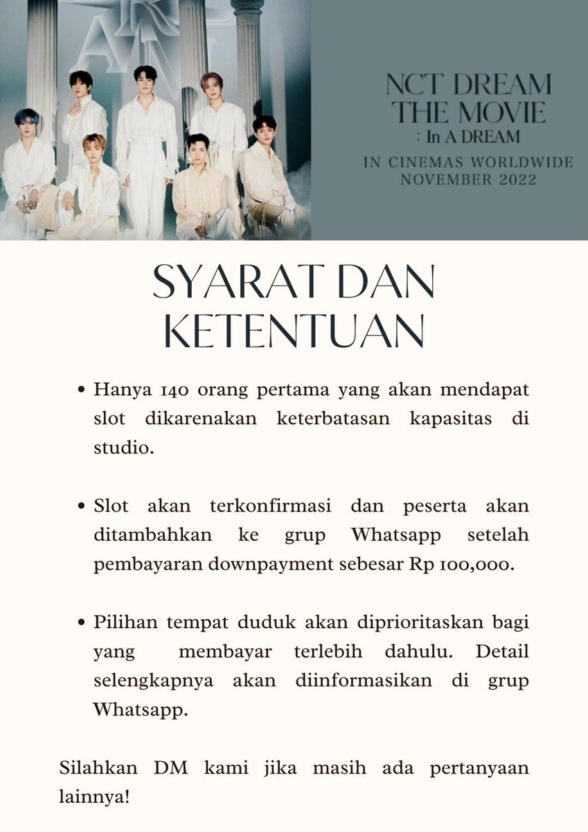NCT__Indonesia's tweet photo. HI NCTZENS!

NOBAR NCT DREAM THE MOVIE: In A Dream by @kpopetal ✨💖

📍CGV Grand Indonesia, Jakarta [2D]

🗓️ Rabu, 30 November 2022

⏱️ 16:00 WIB (4 sore)

🔗 https://t.co/yUKSySMT6Q

📌 slot udah terisi 60%, jangan sampai kehabisan yaa!! 💚

#NCTDREAMTHEMOVIE #NCTDREAM https://t.co/JYWEDqyuBH