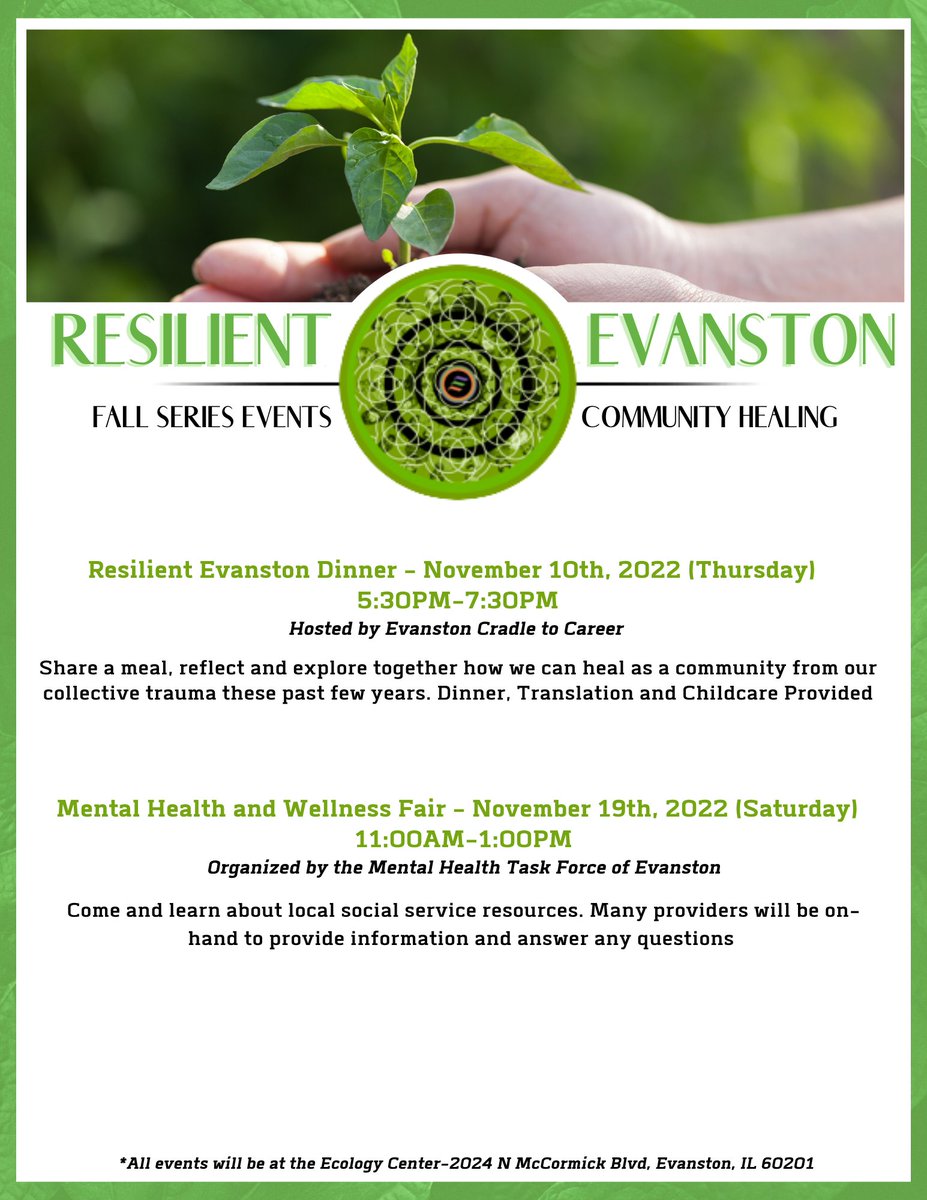 You are invited to join us tomorrow night for our Resilient Evanston community dinner and conversation. learning to heal from our experiences together!

Food, activities, free childcare and translation will be all be provided, Thursday at the Ecology Center.

Link in bio for info