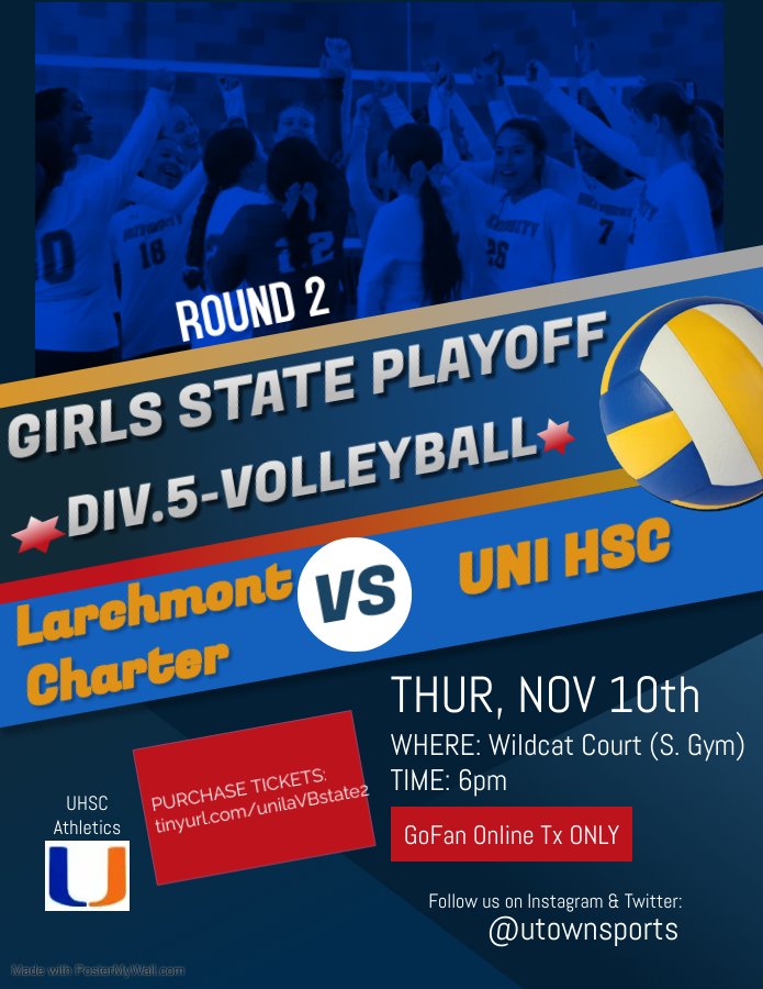 🏐 Uni Girls, 2nd Round of CIF State Playoffs-Division 5🏐
 5️⃣Larchmont Charter v 4️⃣Uni VB
📆 Thursday, Nov.10th
🕒 6pm
📍 Home, Wildcat Court (S.Gym)
🔹GoFan tickets only: tinyurl.com/unilaVBstate2
🔹Come &amp; cheer on the Uni VB Girls  🏆 #citysectionpride
<a href="/uneedamemo/">coach memo</a>  #utownvb