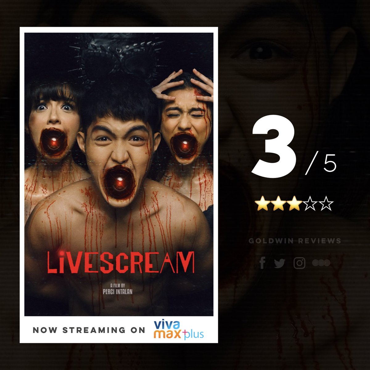 GoldwinReviews's tweet photo. LiVESCREAM (2022)
Directed by: Perci Intalan
- A MOVIE REVIEW THREAD -
#goldwinreviews #LiVESCREAM #PerciIntalan #ElijahCanlas @elijahcanlas_ #PhoebeWalker @phoebeskywalker #grLiveScream
Date Released: November 9, 2022 via Vivamax Plus https://t.co/WyZDwbrMNq