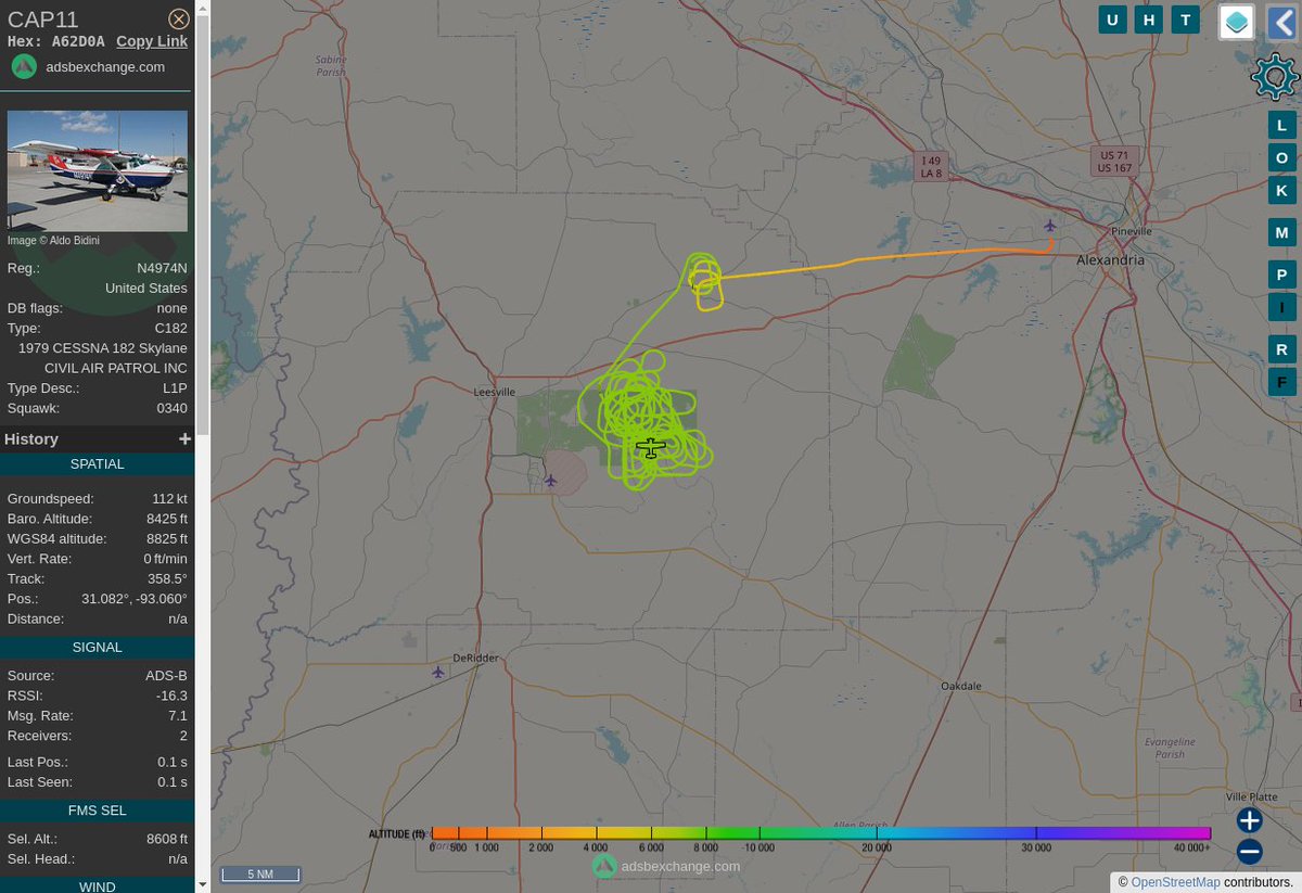Radar_Assistant's tweet image. MULTI ADSBX CIRCLING ALERT : At time Thu Nov 10 03:53:18 2022 #CAP11    was likely to be circling at FL84 4nm from GUV Gator_NDB_US
 near Vernon Parish, Louisiana, United States #AvGeek #ADSB globe.adsbexchange.com/?icao=A62D0A&amp;amp;z…