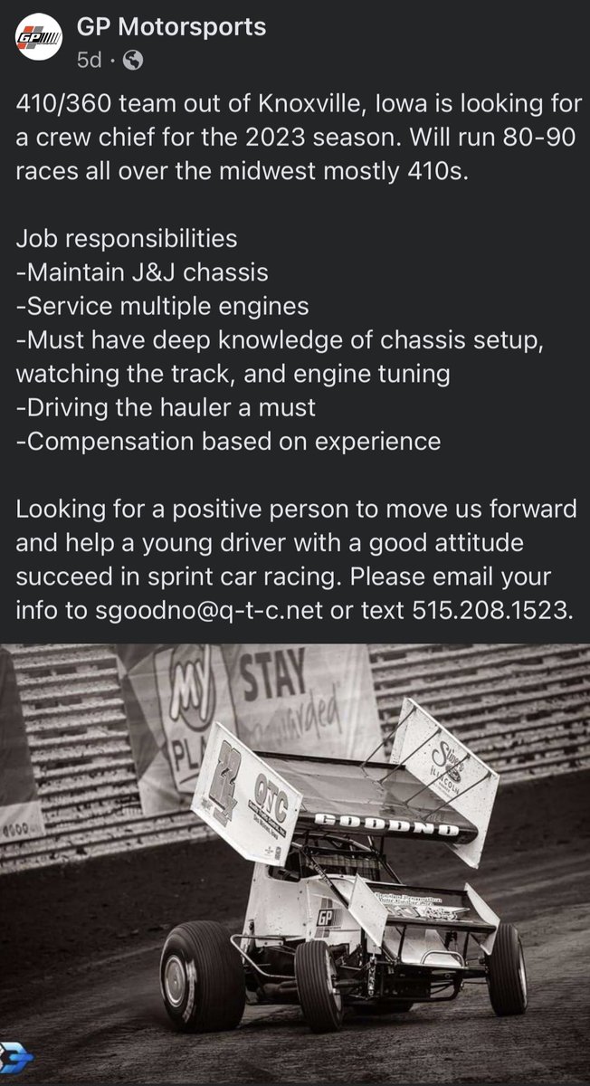 Currently looking for a crew chief for the 2023 season!