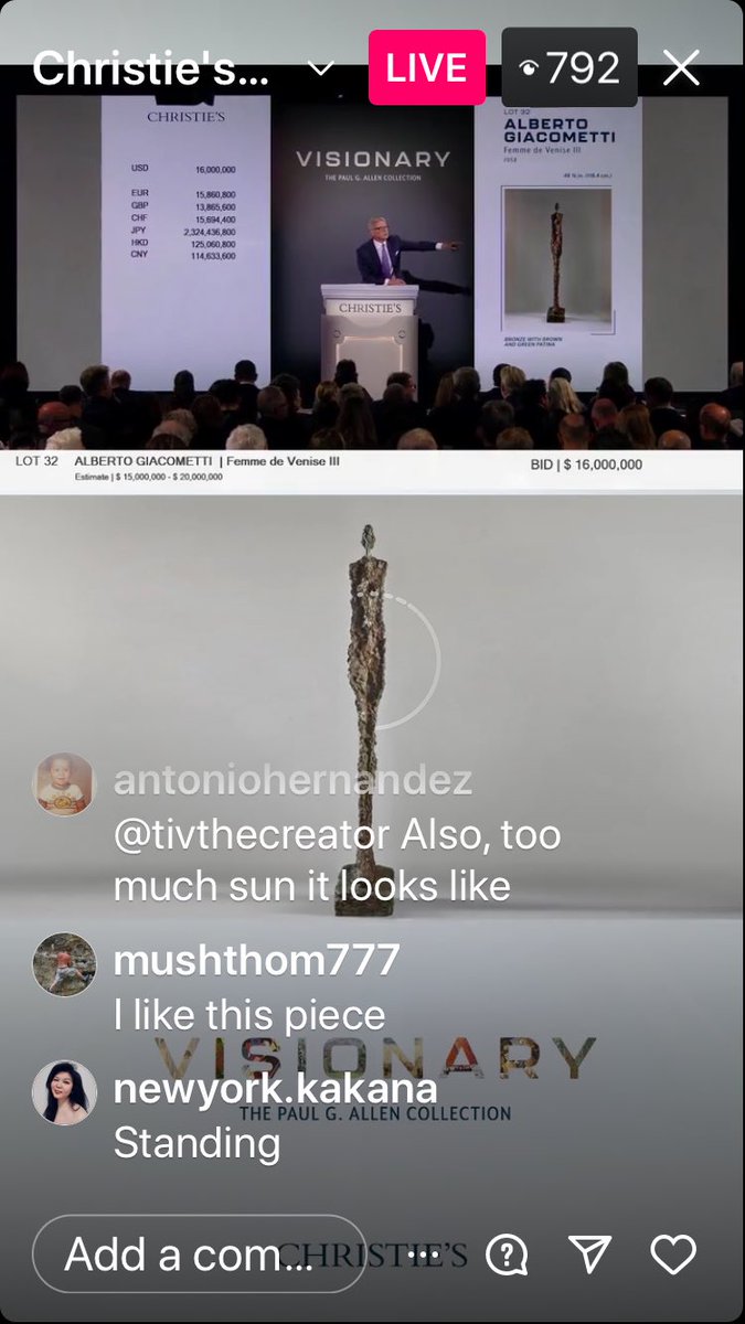 ShriverWY's tweet photo. Paul G. Allen Collection auction  #1  this evening @ChristiesInc 
The Giacometti 20th c. bronze sculpture went for over $20M, but sure  resembles a sculpture we saw last month in #Volterra #Italy #shadowoftheevening a beautiful 3rd c. BC Etruscan small bronze - interesting https://t.co/At20SvUGgt