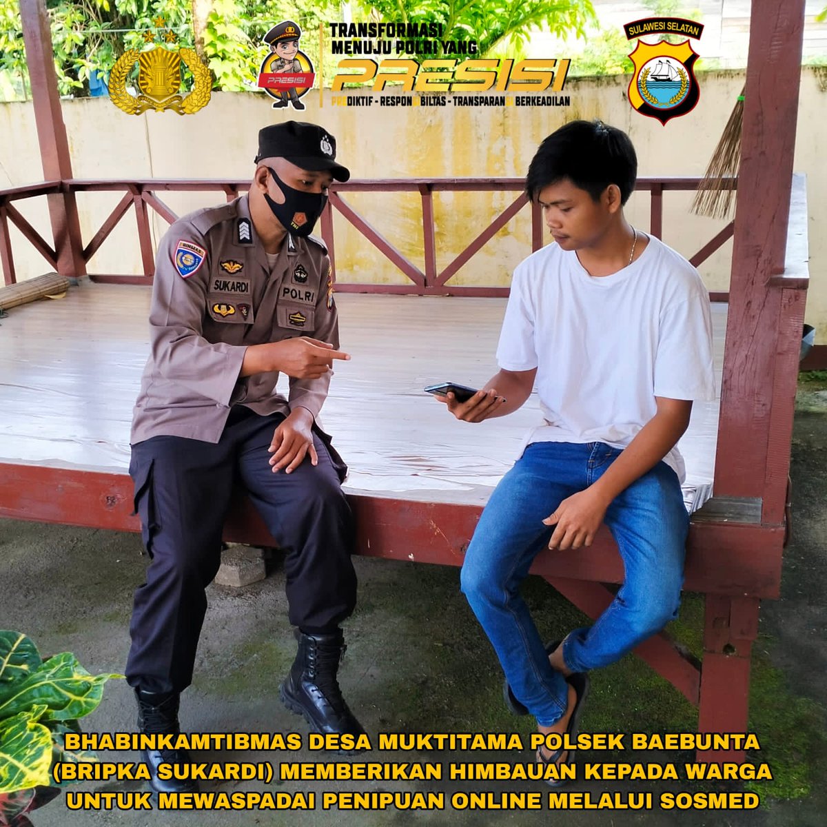YusharT's tweet photo. Bhabinkamtibmas Desa Muktitama, Polsek Baebunta Polres Luwu Utara sedang berkomunikasi kasi dengan warna binaan (Muhammad Ali), pada kesempatan tersebut Bhabinkamtibmas menghimbau warga binaan untuk mewaspadai modus Penipuan online melalui Sosial Media.

#KamiHadirUntukMasyarakat https://t.co/yFFj6a7PKY