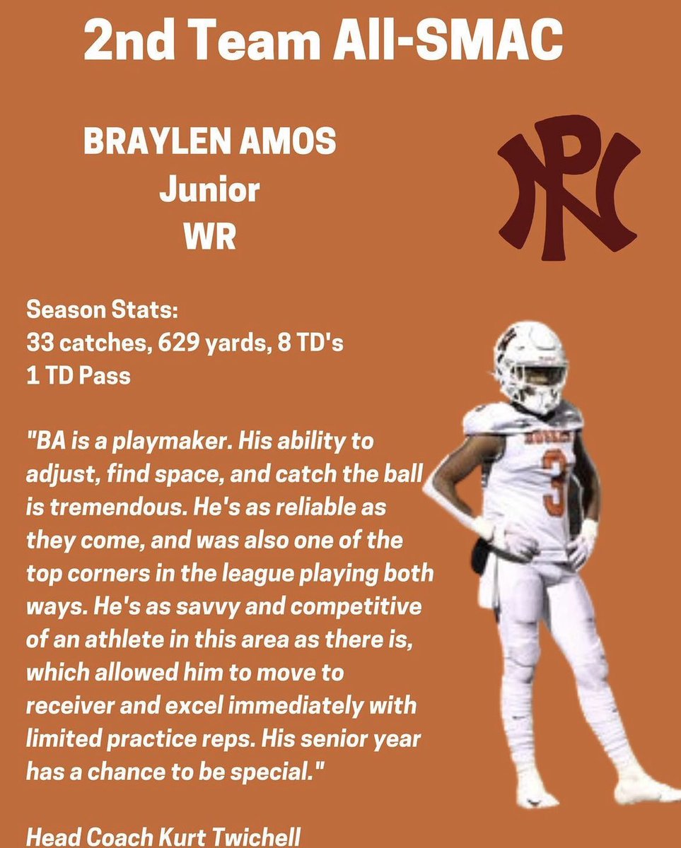 BraylenAmos's tweet photo. Very grateful to be pronounced as the 2nd Team All-SMAC WR! https://t.co/J5hYub0B1m