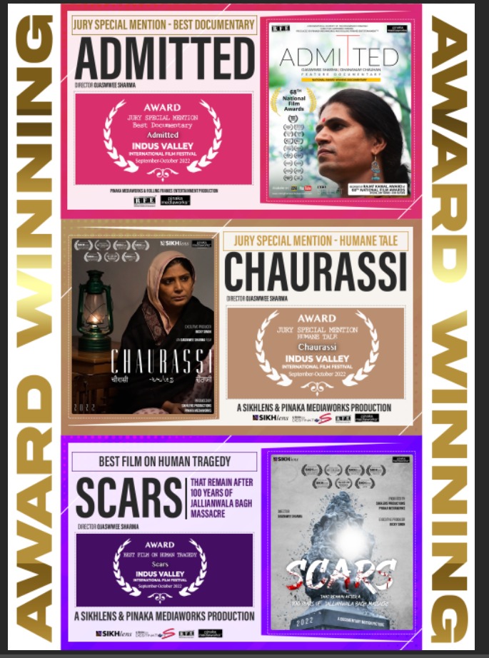 pinakamediawork's tweet photo. @Ojaswwee's films WIN BIG @IndusValleyFilm 2022 in #Chandigarh.
• #ADMITTED Jury Special Mention - Best #Documentary 🏆
• #CHAURASSI Jury Special Mention - Humane Tale 🏆
• #SCARS That Remain After 100 Years of the #JallianwalaBagh Massacre | Best Film on Human Tragedy 🏆 https://t.co/9GeXDV9S8o