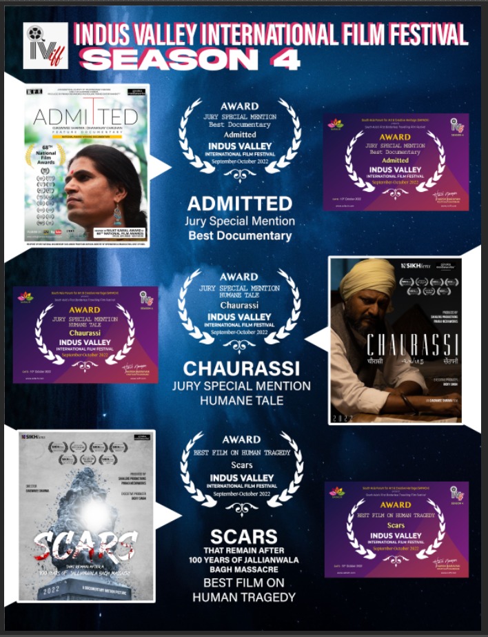 pinakamediawork's tweet photo. @Ojaswwee's films WIN BIG @IndusValleyFilm 2022 in #Chandigarh.
• #ADMITTED Jury Special Mention - Best #Documentary 🏆
• #CHAURASSI Jury Special Mention - Humane Tale 🏆
• #SCARS That Remain After 100 Years of the #JallianwalaBagh Massacre | Best Film on Human Tragedy 🏆 https://t.co/9GeXDV9S8o