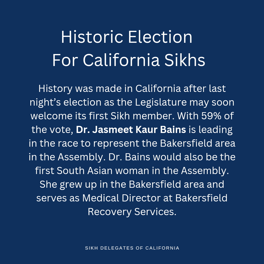 CASikhDelegates's tweet photo. *Historic Election For California Sikhs* 

History was made in California after last night’s election as the Legislature may soon welcome its first Sikh member -- Dr. Jasmeet Bains -- among other very encouraging developments for Sikh candidates. Scroll through for details! 🧵 https://t.co/jIEeFtItvD