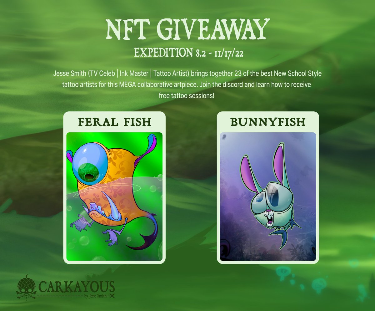 carkayous's tweet photo. #NFTGIVEAWAY 🔥
1x Feral Fish
1x Bunnyfish

To enter
✅Retweet &amp; ❤️
✅Follow @carkayous @jessesmithart @cryptorockstar 
✅Tag 3 Friends
✅Join Discord: https://t.co/bUZ0u4B5Jg
✅Winners in Twitter Space: https://t.co/1GQzthGwi6

Collect and earn a FREE TATTOO https://t.co/jJ4aGgEi0H