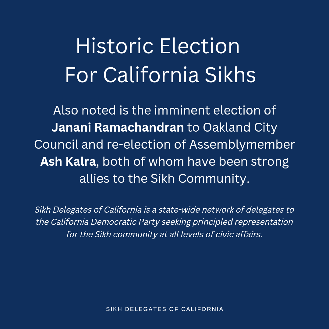 CASikhDelegates's tweet photo. Strong allies to the Sikh community Janani Ramachandran and Assemblymember Ash Kalra are also set for office: https://t.co/6T8t7DOrR2