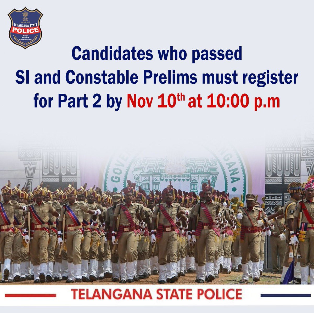 TelanganaCOPs's tweet photo. #Alert 
Candidates who have passed the SI, Constable Prelims must register their part-2 application details by 10 p.m today.

#TelanganaPolice https://t.co/25l0NW3a7N