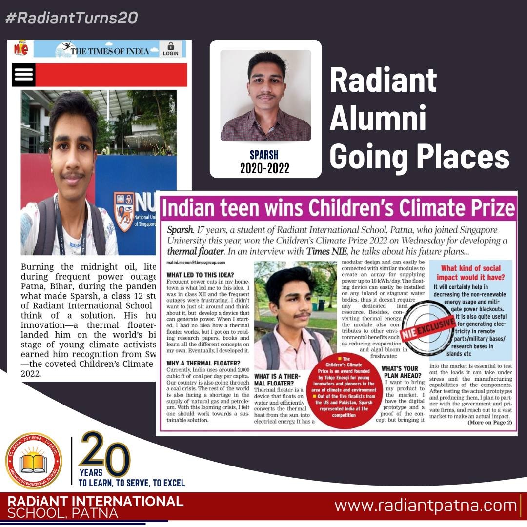 rispatna's tweet photo. #WorldScienceDayforPeaceandDevelopment became all the more special and interesting for our alumnus Sparsh, a student of National University of Singapore, won the coveted Children's Climate Award 2022 for developing a Thermal Floater. 
Congratulations Sparsh!
@IprmGrp https://t.co/EJbiTfydVL