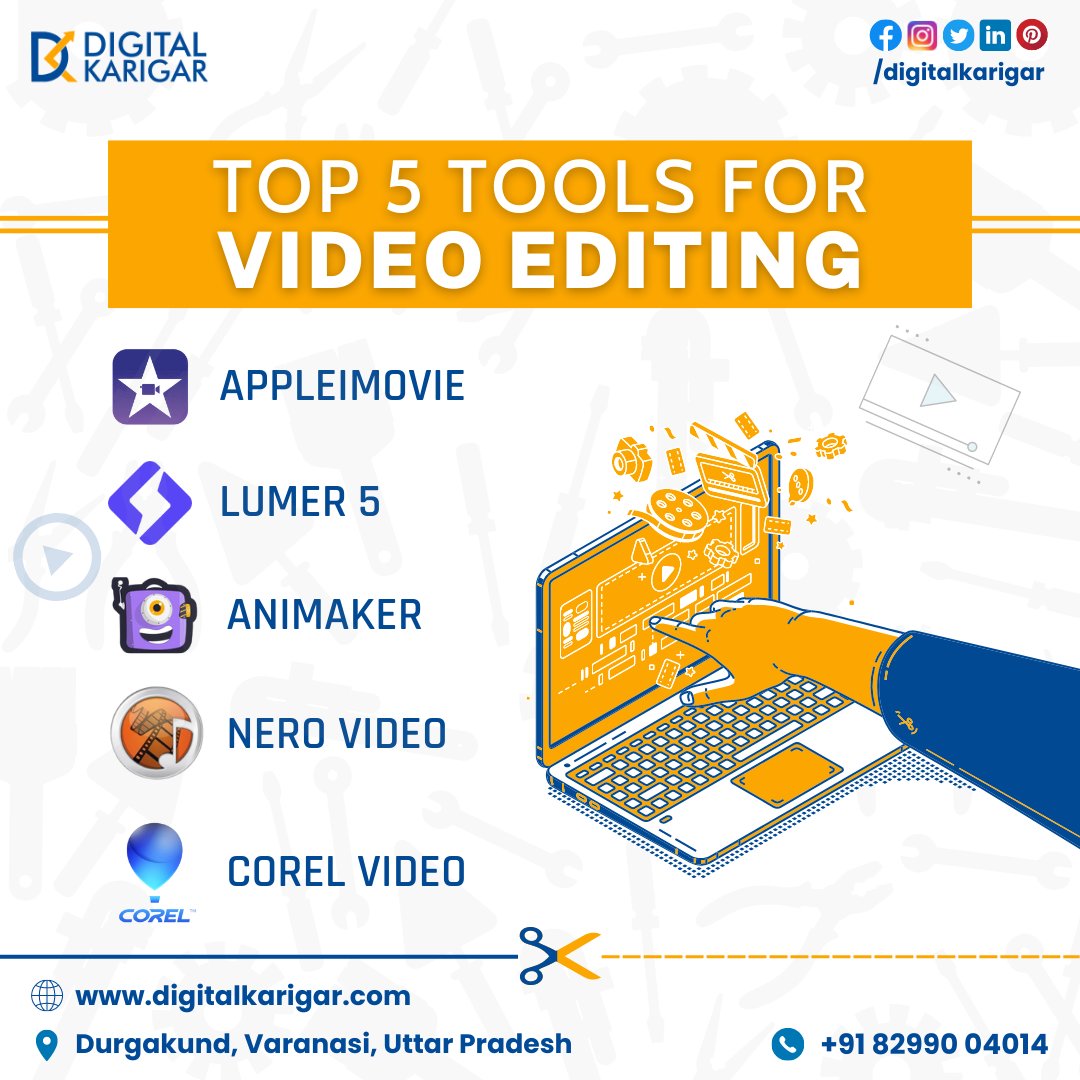 DigitalKarigar's tweet image. Top 5 Video Editing Tools, that can improve your video editing speed and make it easy to edit videos.

-AppleIMovie
-Lumer 5
-Animaker
-Nero Video
-Corel Video
---------------
For More Detail
Follow @digitalkariar
📞 - +91 82990 04014
.
.
.
#videoeditingtools #videoeditng #tools