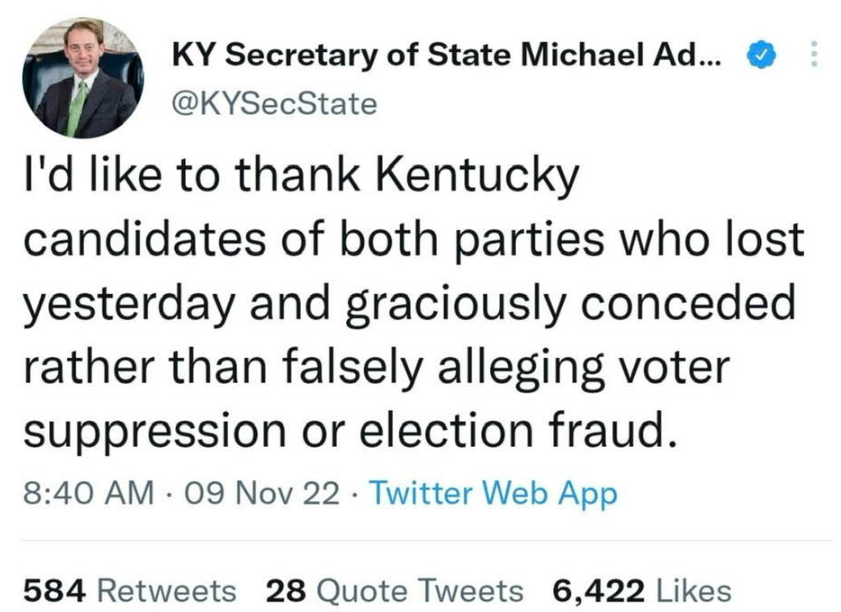 ky_statesman's tweet photo. Hey Hermey (@KYSecState). I'm old enough to remember when you ran on the promise of securing our elections and mandatory voter id. It's no wonder that you are the Democrat's favorite "Republican" SOS. Maybe we need another recount? #Gearding4KY #TeamKentucky #RINO https://t.co/ivBfmvpfMP