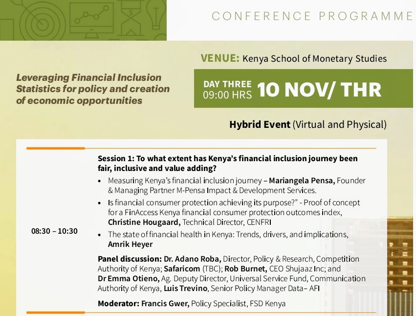 KNBStats's tweet photo. Day3 of #FinancialinclusionConference  @KSMSKenya Join panel discussions on Measuring Kenya's Financial Inclusion Journey among other interesting topics @CBKKenya @FSDKe @CA_Kenya @ShujaazInc 
#FinAccess #InclusiveFinance 
Join online https://t.co/TnWqpWMPm8 https://t.co/ECwOp5169N