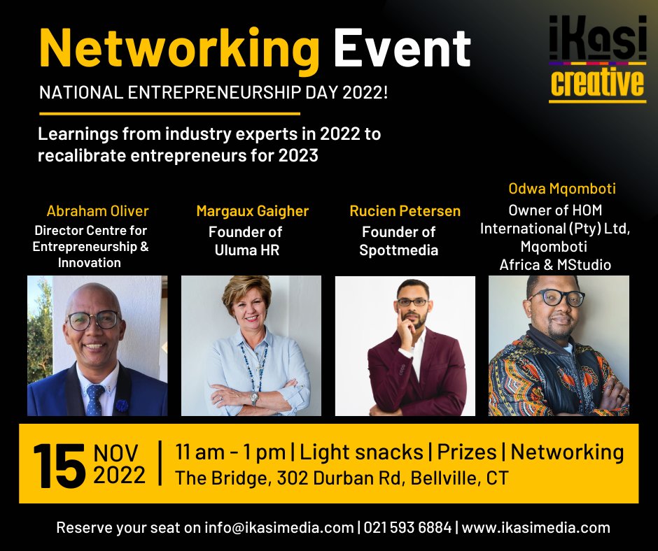 Join us for an amazing networking event in aid of Entrepreneurship Day this Tuesday, 15th November at 11am. Register on info@ikasimedia.com. #capetown #capetownevents #events #businessowners #entrepreneurs #marketng #digitalmarketing