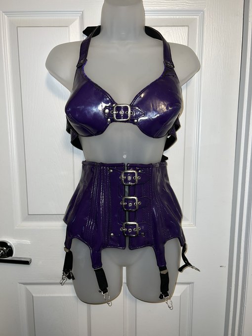 1 pic. For Sale Now!  Purple PVC, silver hardware, C cups lined with purple velvet, Size small! Serious
